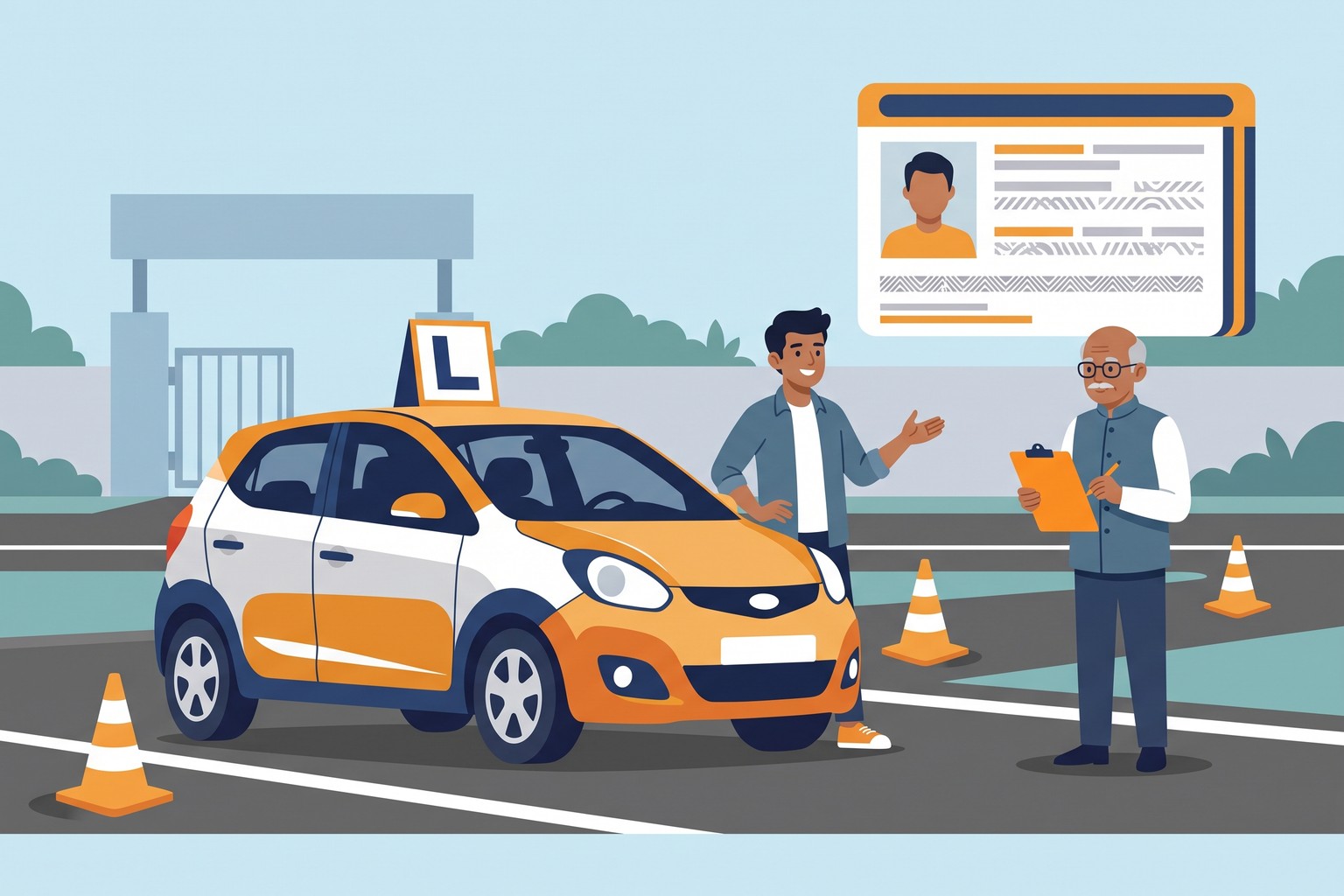Illustration of a learner driver and examiner at the in-person RTO driving test that Jaagruk Bharat helps you book