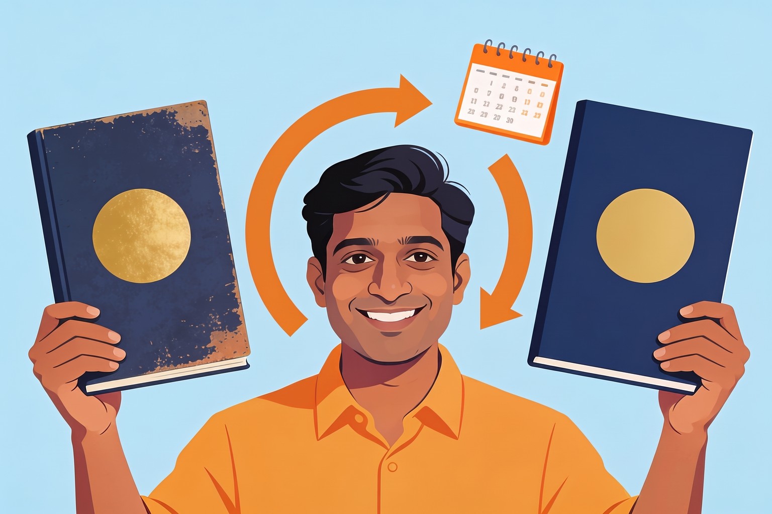 Illustration of a smiling Indian man holding an old and a new passport booklet with a refresh arrow, for Jaagruk Bharat passport renewal across India