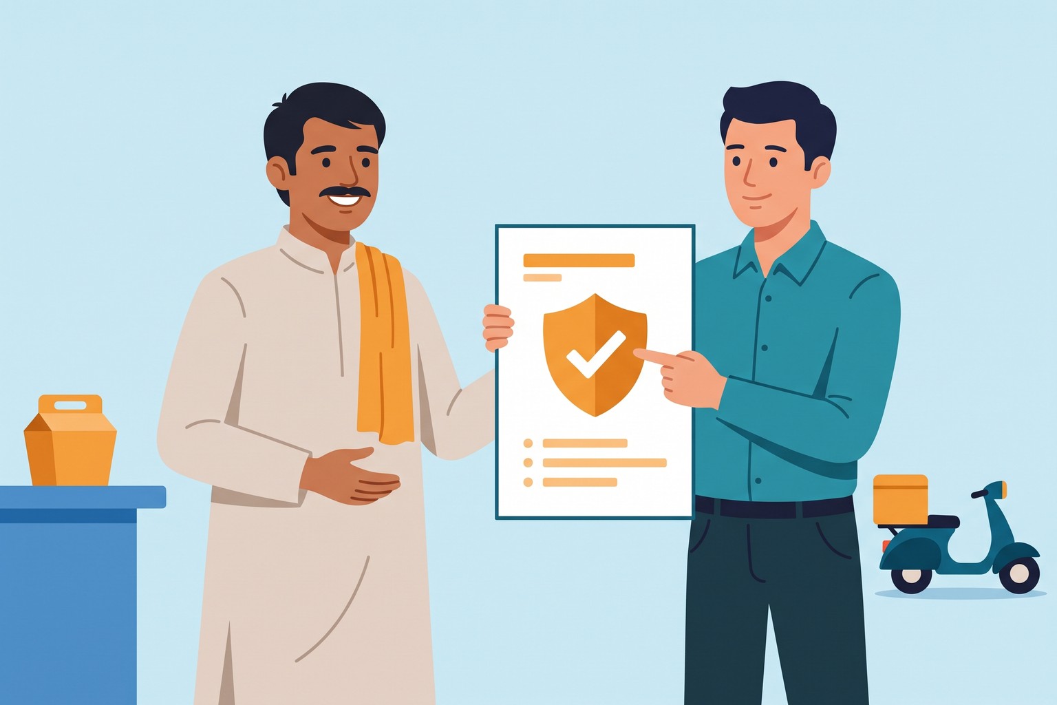 Illustration of a food business owner and a Jaagruk Bharat advisor reviewing an FSSAI document with a shield and tick, India