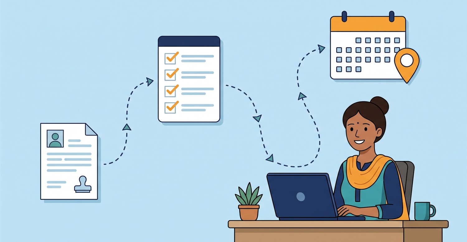 Illustration of documents, a checklist and an appointment calendar showing the Jaagruk Bharat Tatkal passport process online in India
