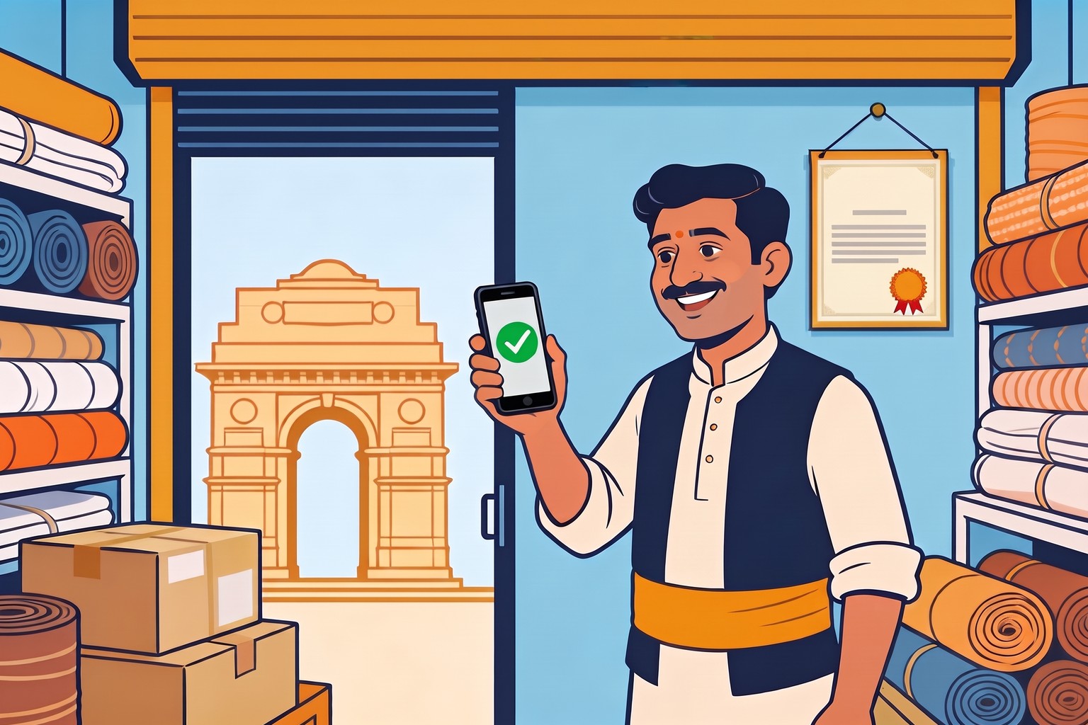Illustration of a Delhi cloth trader in his shop holding a phone with a green tick, India Gate outside, for Jaagruk Bharat's GST registration consultant service in Delhi