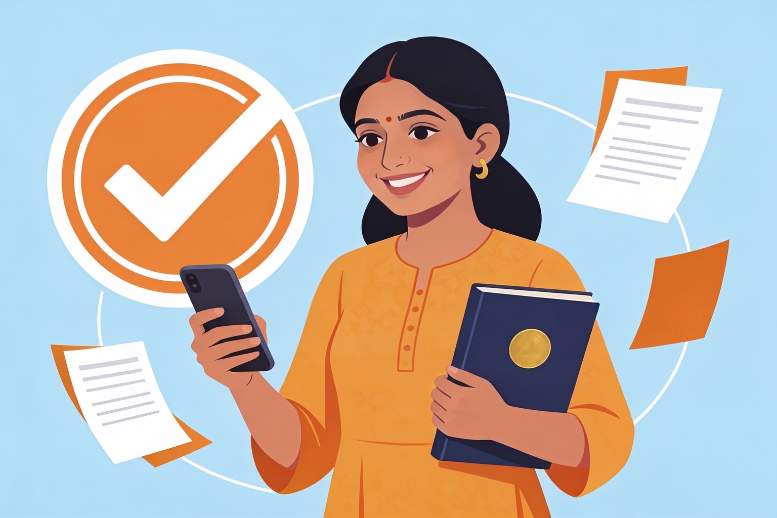 Illustration of a smiling Indian woman holding a passport booklet and phone with a check mark, for Jaagruk Bharat passport consultant help across India