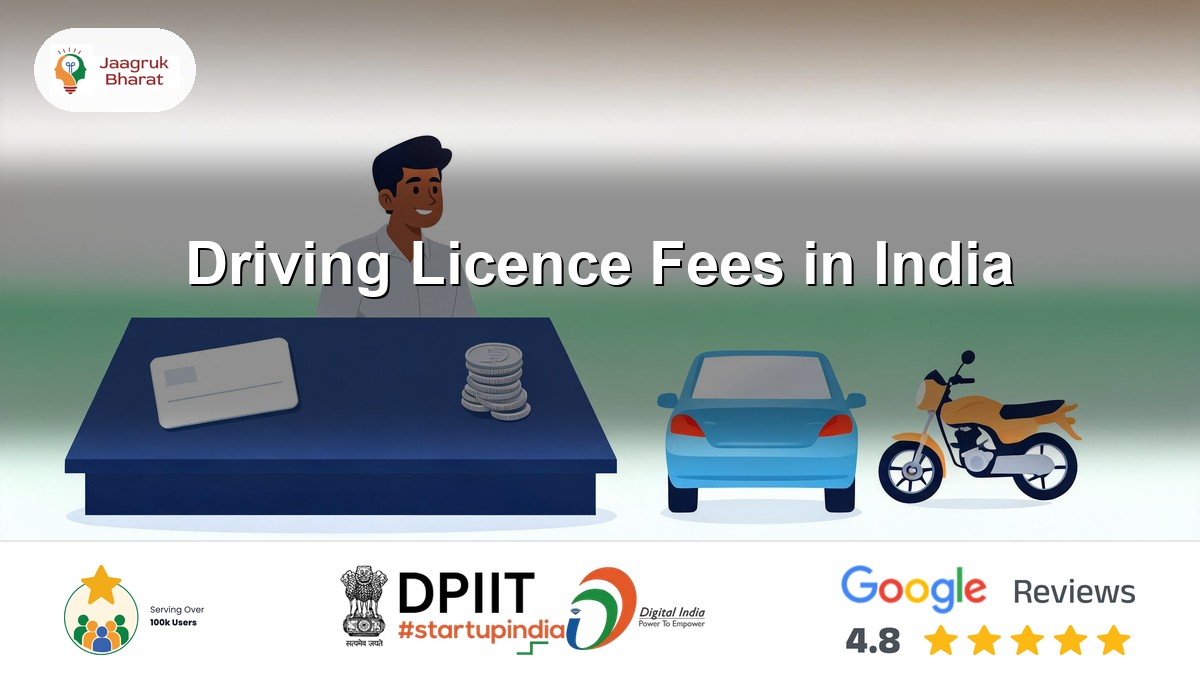 Driving licence card, rupee coins, a car and a motorcycle at an RTO counter - Jaagruk Bharat guide