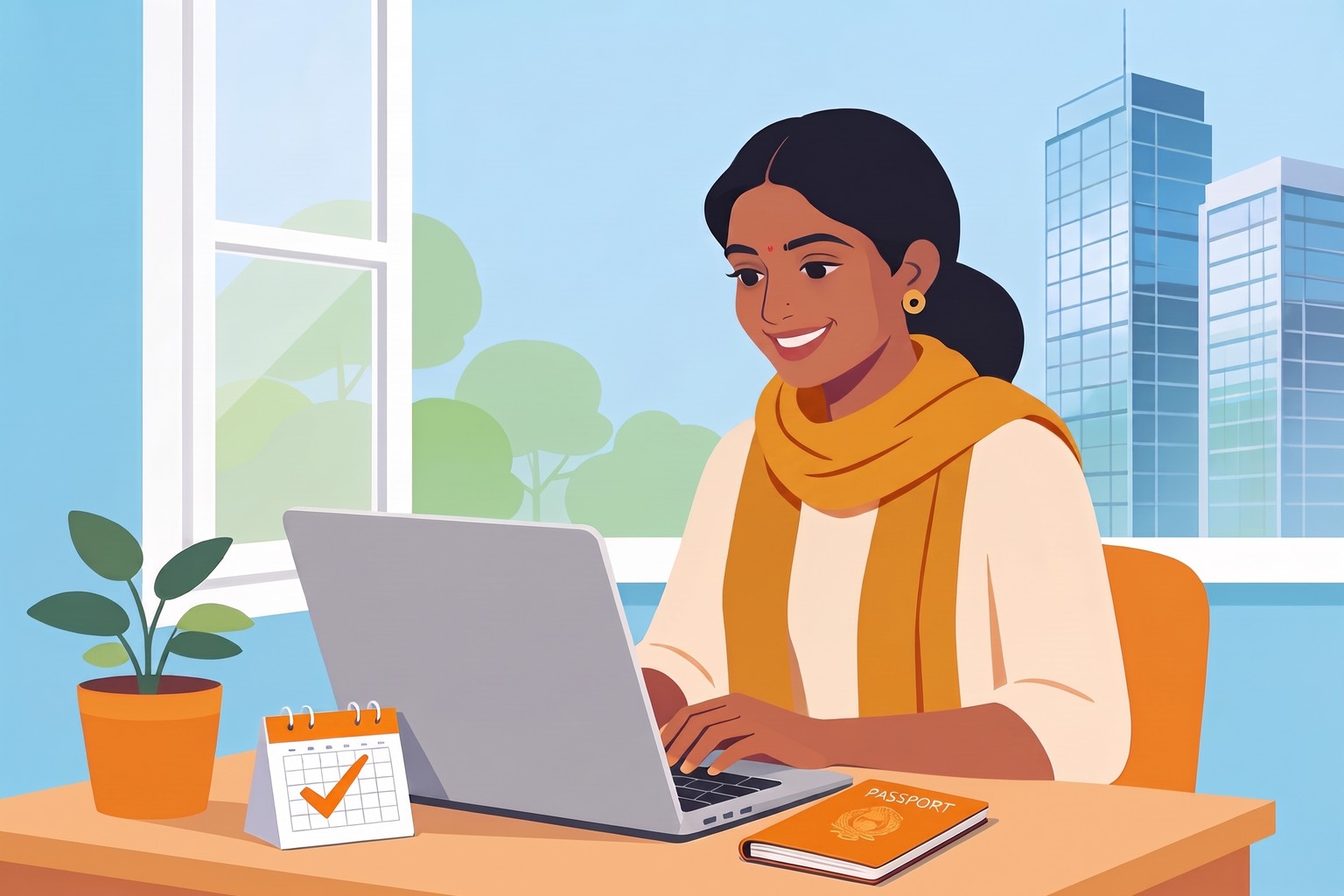 Illustration of a woman in Bangalore filling her passport form on a laptop with a booked appointment tick, Jaagruk Bharat online passport help