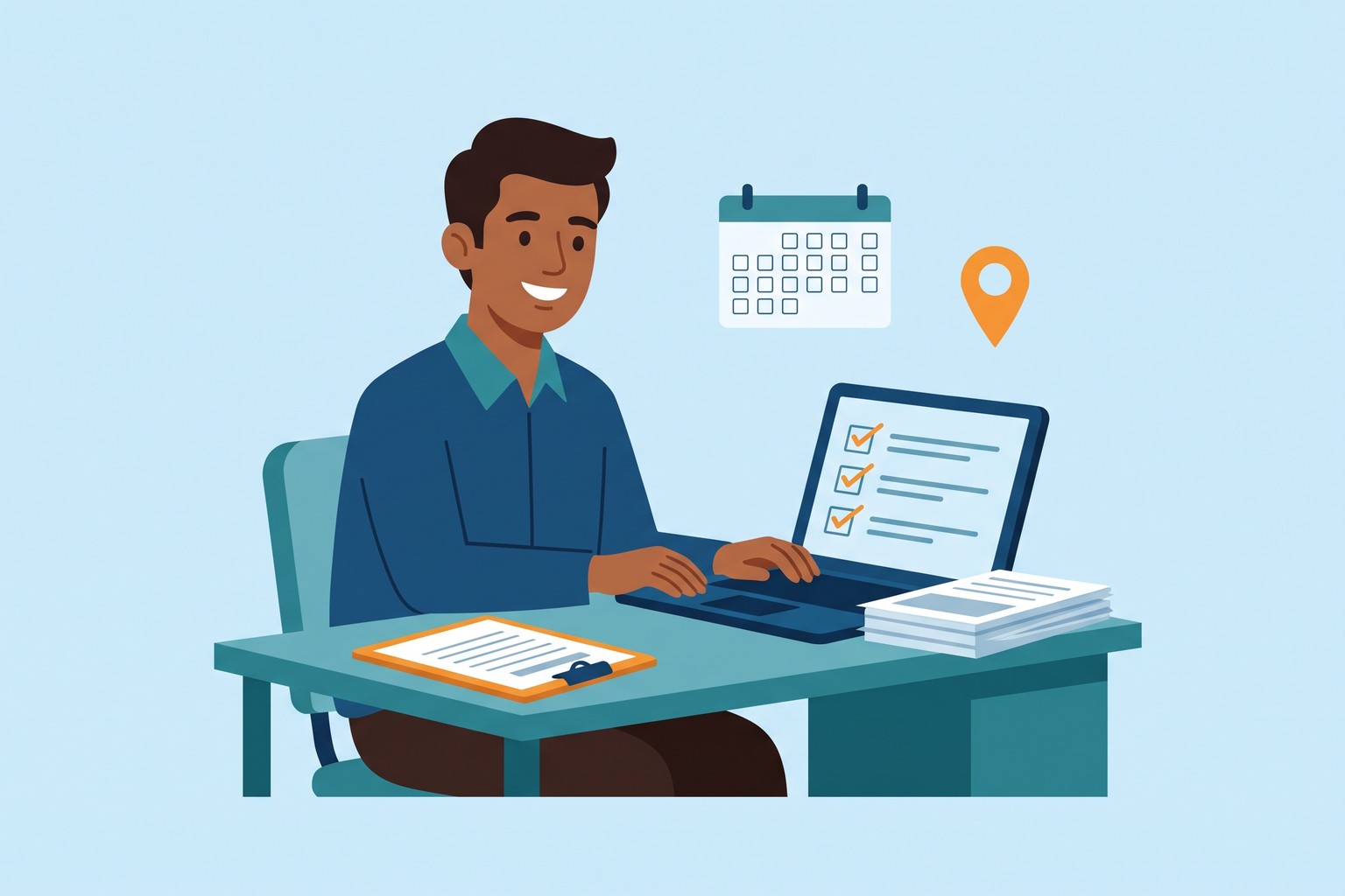 Illustration of a person working through an online document checklist for an FSSAI application with Jaagruk Bharat, anywhere in India