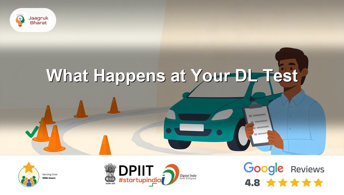 What happens at the RTO driving licence test, including the marked track and what the examiner marks, a Jaagruk Bharat guide
