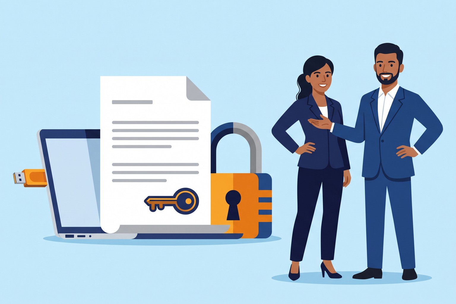 Illustration of two business professionals beside a signed document, padlock and USB token for a Class 3 DSC, Jaagruk Bharat India