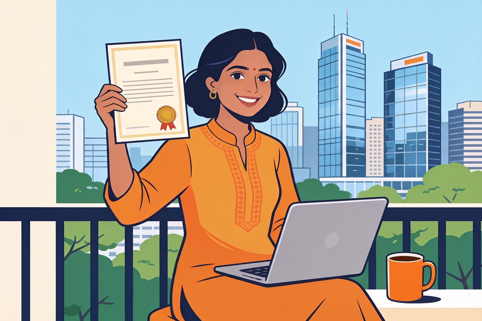 Illustration of a Bengaluru startup founder holding a GST registration certificate on a balcony with a laptop, for Jaagruk Bharat's online GST registration consultants in Bangalore