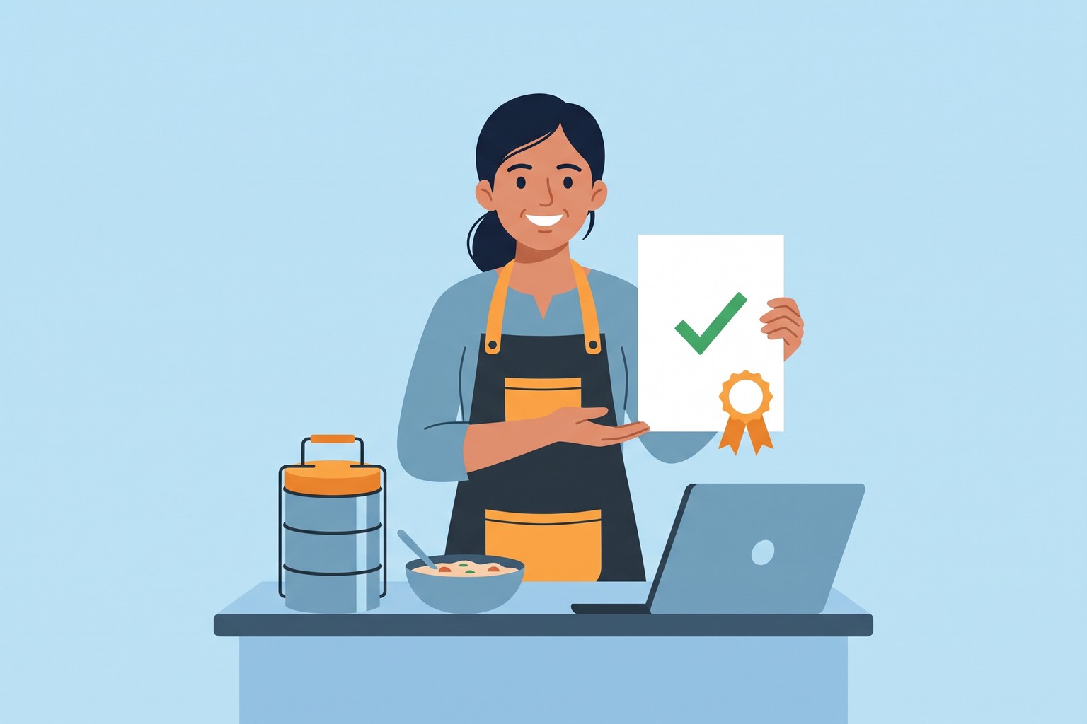 Illustration of a home-kitchen owner holding an FSSAI registration certificate, for Jaagruk Bharat's online FSSAI license consultant service in India