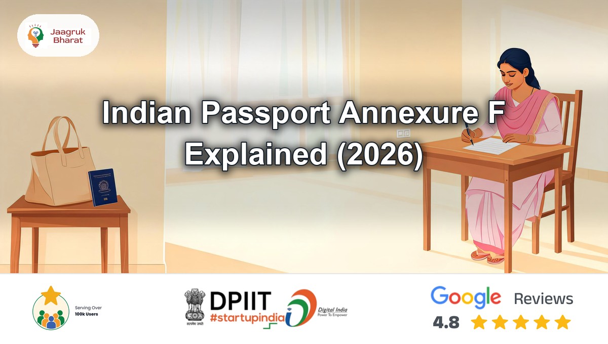 Blank Passport Annexure F declaration for a lost or damaged passport being filled in before a Passport Seva appointment - Jaagruk Bharat guide