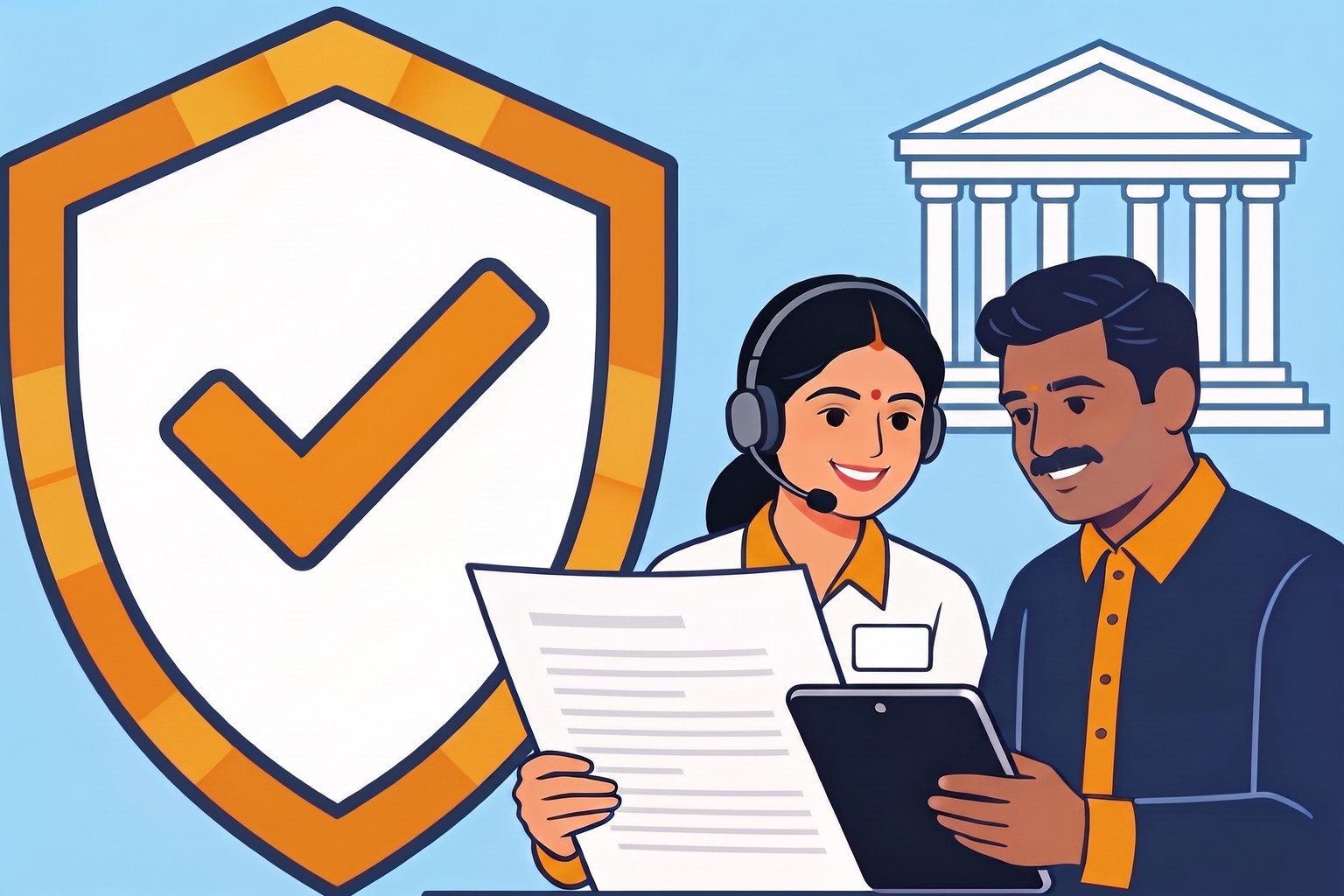 Illustration of a Jaagruk Bharat advisor and a Chennai business owner reviewing GST registration documents, with a tax office building behind them
