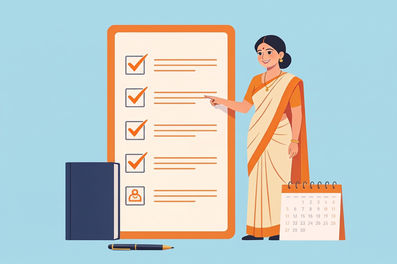 Illustration of an Indian woman pointing at a five-step checklist beside a passport booklet and calendar, the Jaagruk Bharat passport renewal process