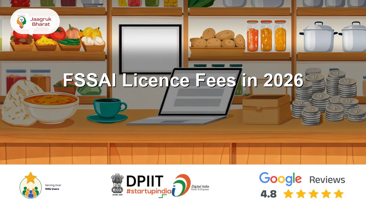 Indian food shop counter with a licence certificate, laptop and rupee coins - FSSAI licence fees guide by Jaagruk Bharat