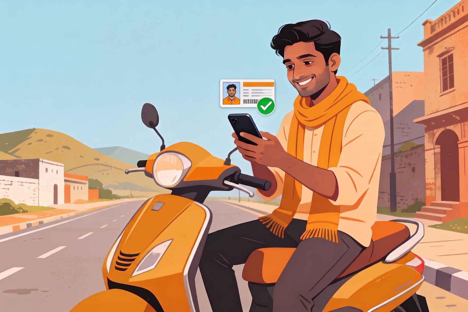 Illustration of a young man in Pune checking his driving licence application on his phone with Jaagruk Bharat's online help