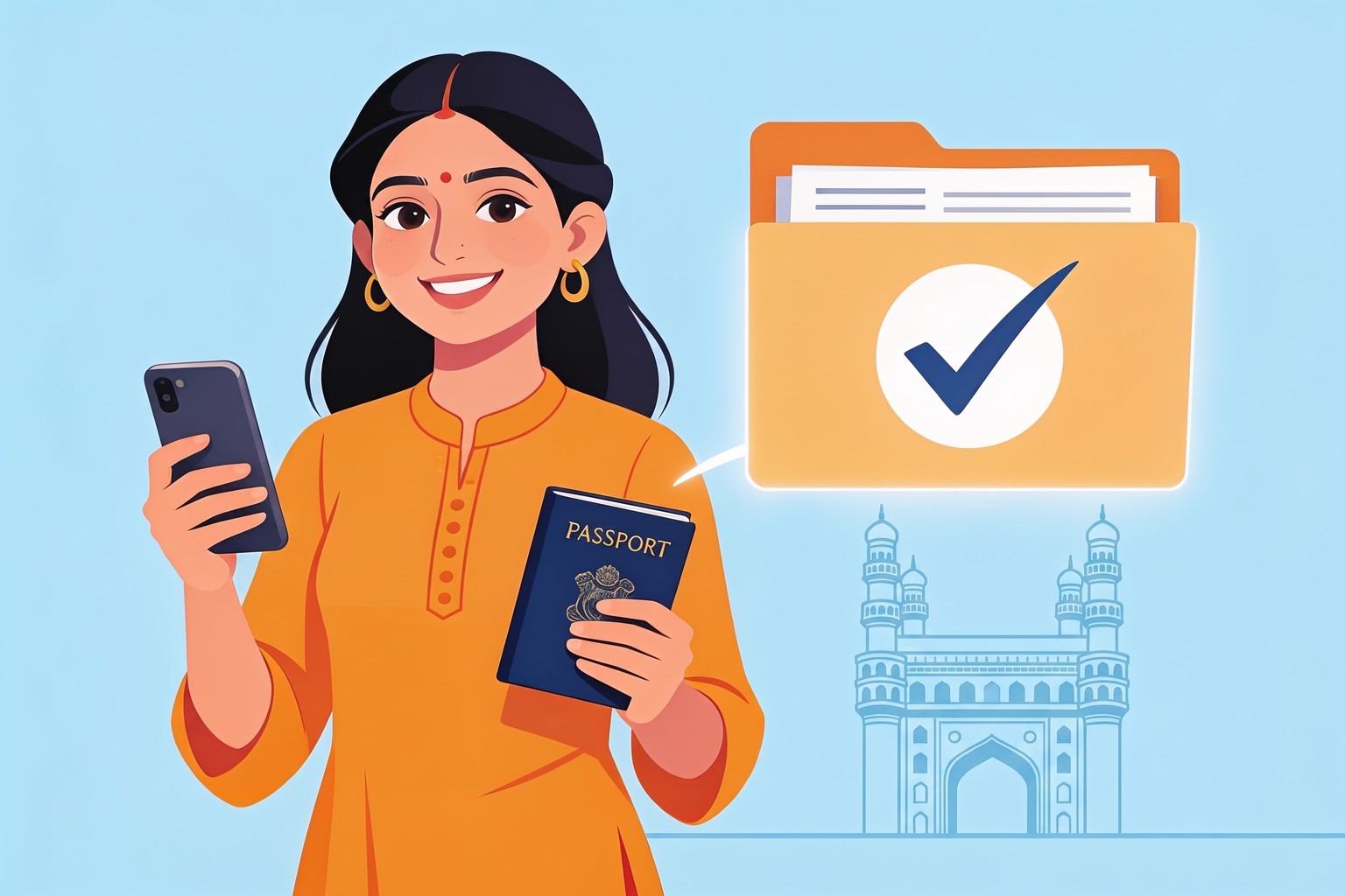 Illustration of a smiling woman holding a phone and passport with a ticked document folder and the Charminar behind her, for Jaagruk Bharat's online passport help in Hyderabad