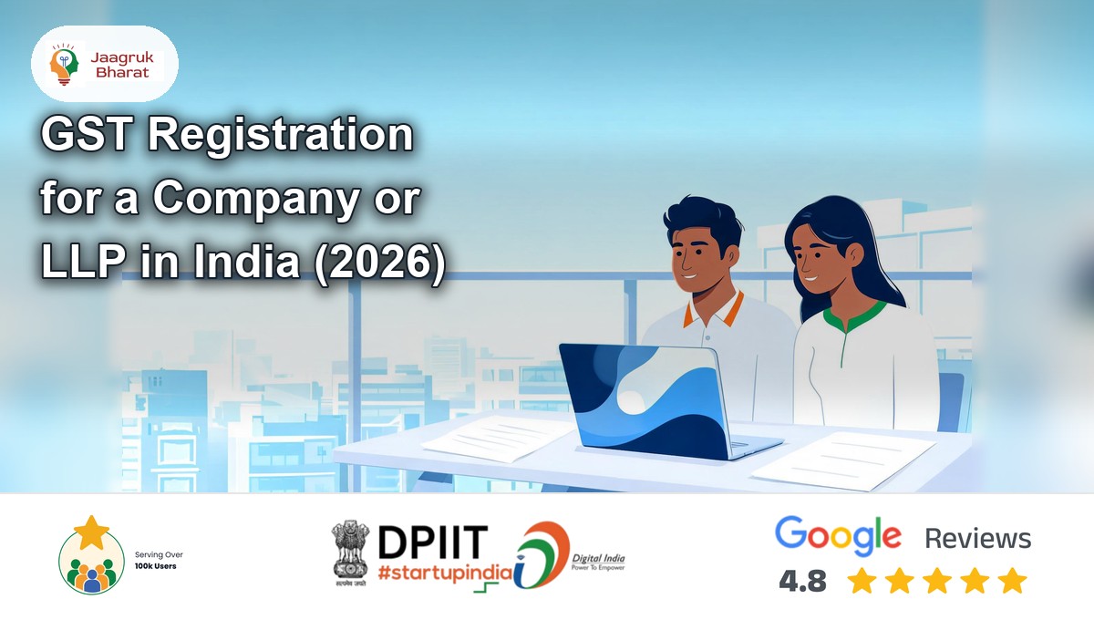 Two co-founders registering their company or LLP for GST on a laptop - Jaagruk Bharat guide