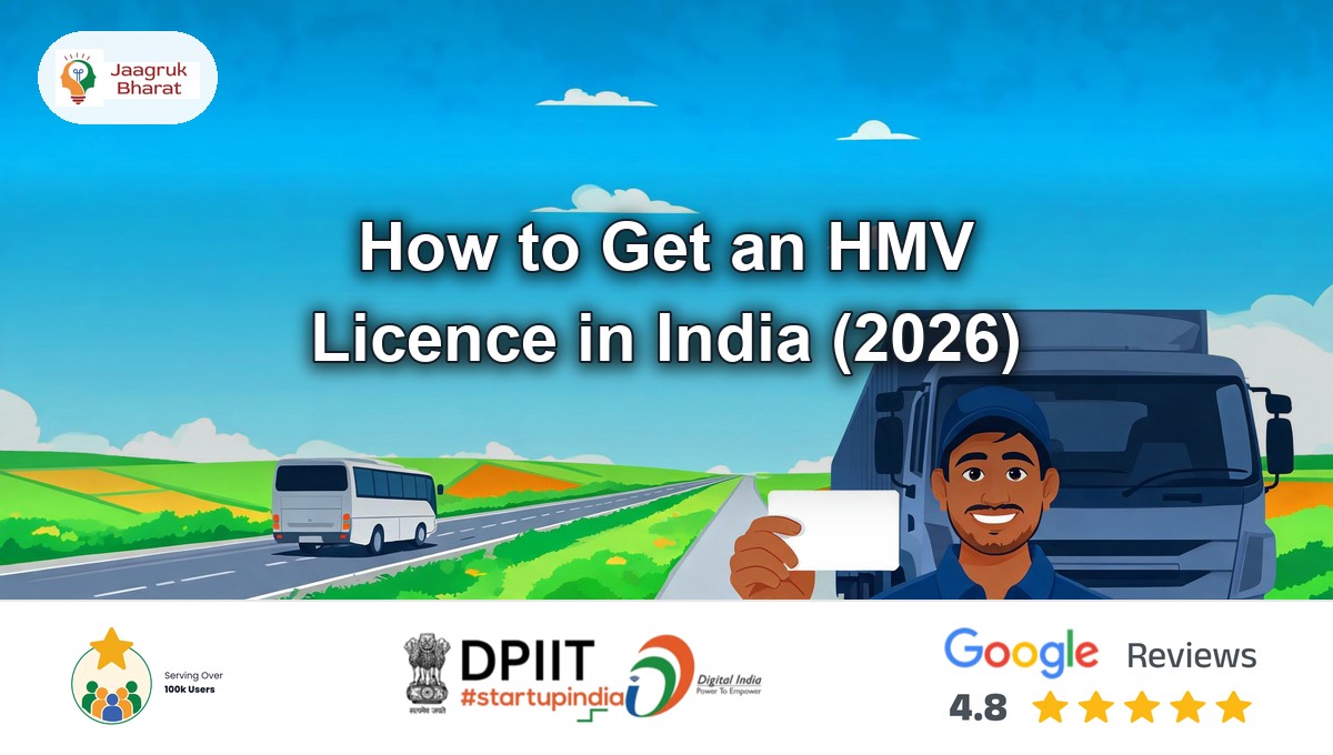 Smiling Indian truck driver holds a blank licence card beside a heavy truck, bus on a highway - HMV licence guide