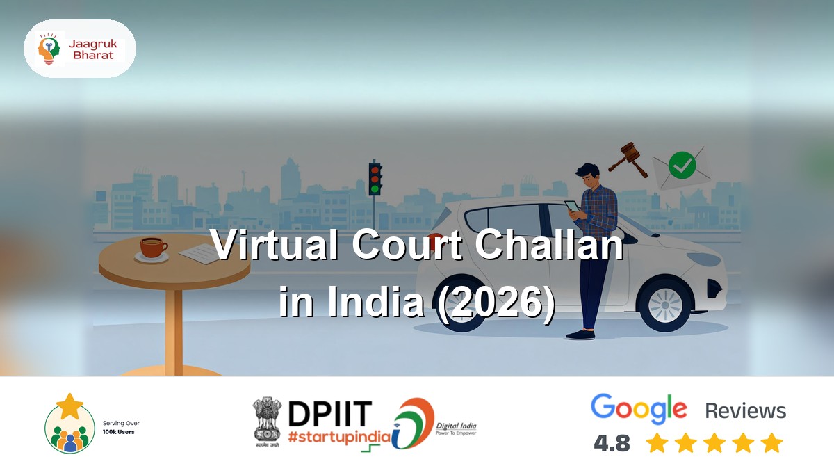 Driver checking a virtual court challan on a phone before paying online - Jaagruk Bharat guide