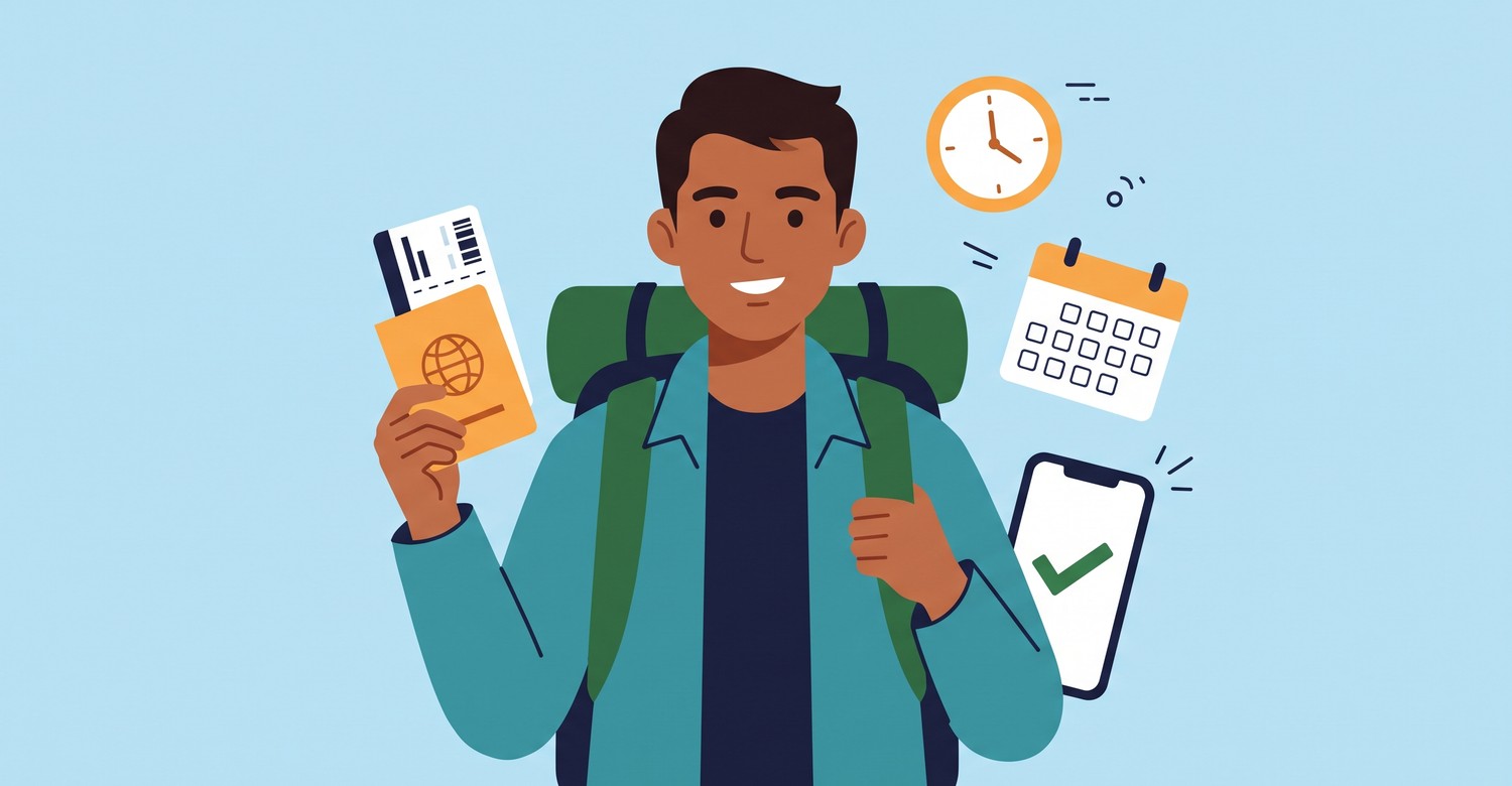 Illustration of an Indian traveller holding a passport and boarding pass, representing online Tatkal passport help from Jaagruk Bharat across India