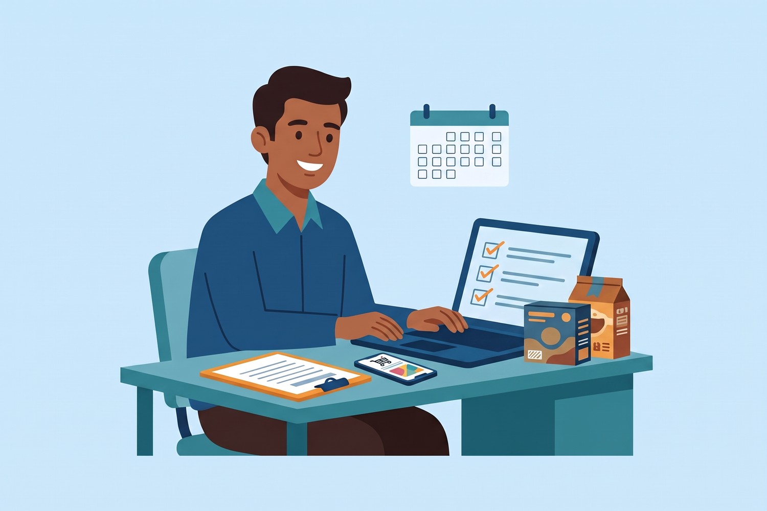 Illustration of a seller working through an online FSSAI document checklist on a laptop with packaged food on the desk, India