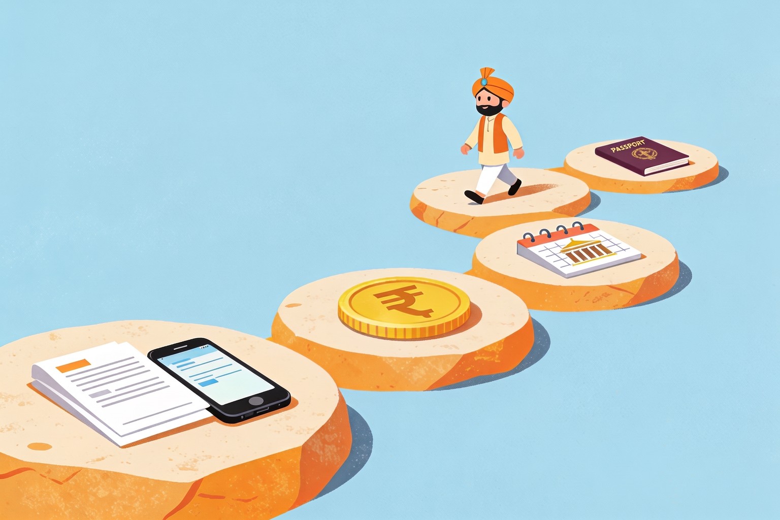 Illustration of a person walking five steps from documents and phone to fee, appointment and passport, the Jaagruk Bharat passport consultant process