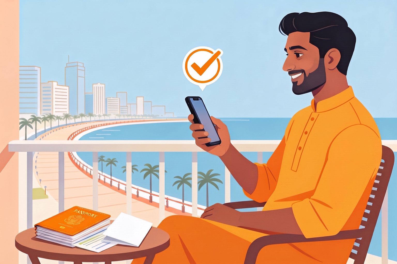 Illustration of a smiling man on a Mumbai seafront balcony checking his passport application on a phone, Jaagruk Bharat online passport help