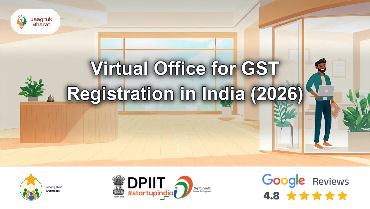 Shared office desk with a GST registration application open on a laptop - Jaagruk Bharat virtual office guide