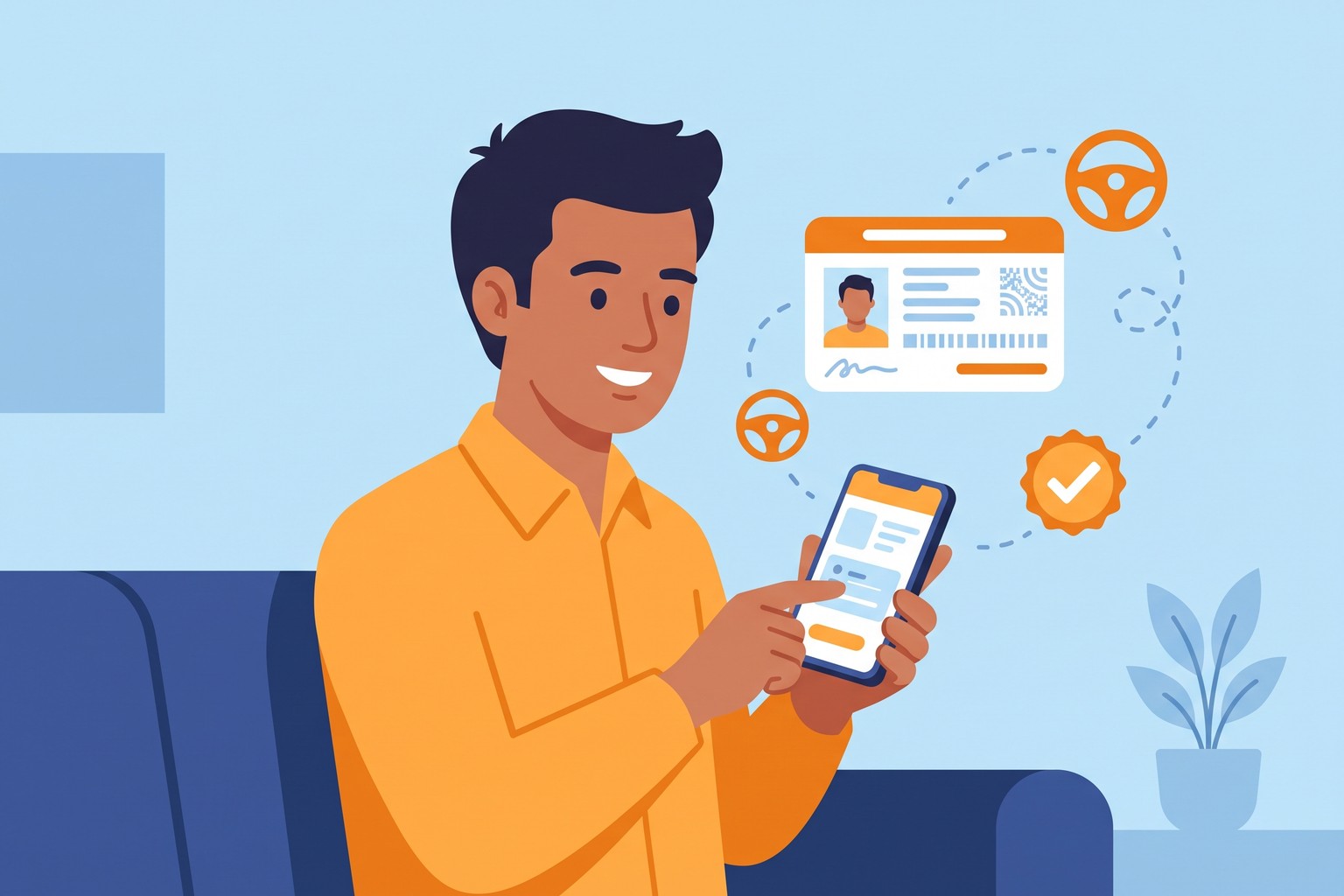 Illustration of a man applying for a driving licence online on his phone with Jaagruk Bharat, anywhere in India