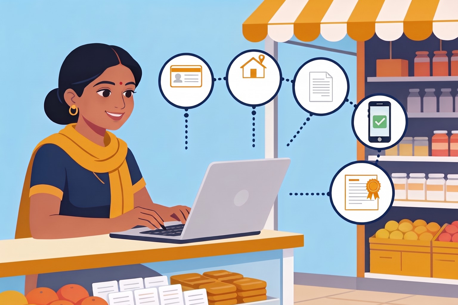 Illustration of a shop owner completing online GST registration in Chennai on a laptop with Jaagruk Bharat, with step icons for ID, address, Aadhaar OTP, form and certificate