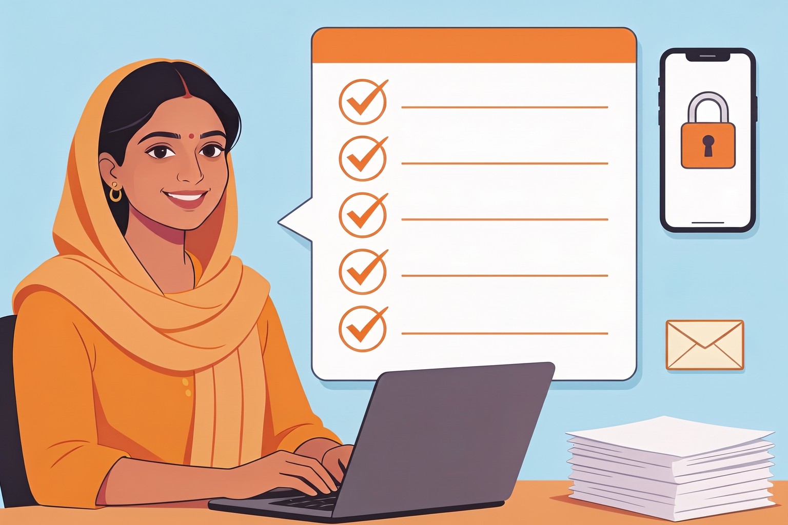 Illustration of a business owner completing a GST registration checklist online with Jaagruk Bharat, India