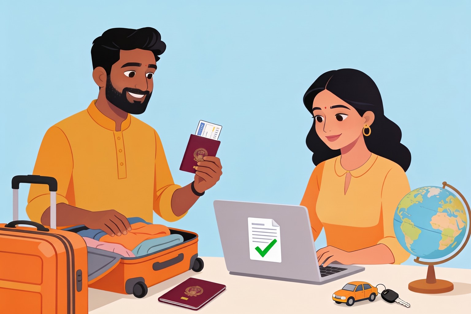 Illustration of an Indian couple packing for travel abroad with passport, driving licence and an International Driving Permit application prepared with Jaagruk Bharat