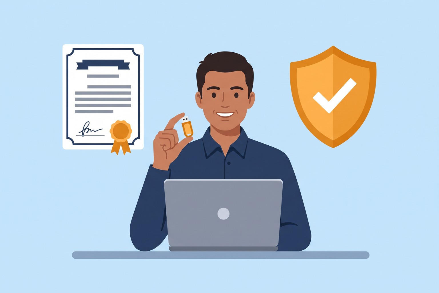 Illustration of a smiling professional holding a USB token beside a Class 3 DSC certificate and security shield, Jaagruk Bharat India