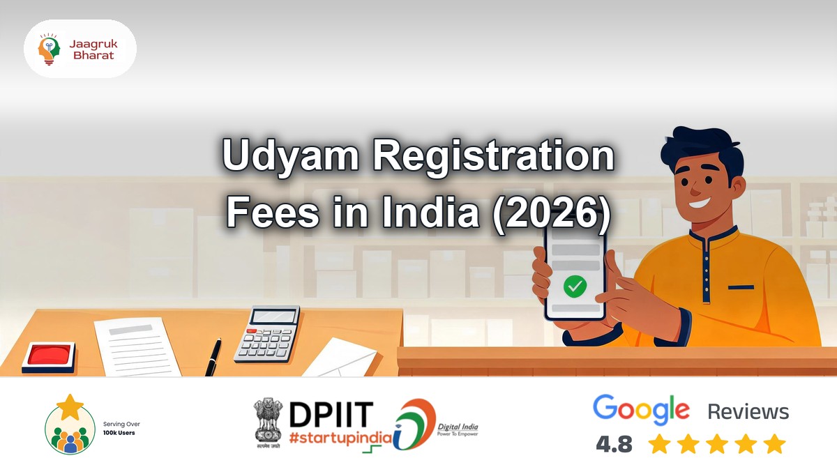 Shop owner holds a phone showing a completed form, illustrating Udyam registration fees in India