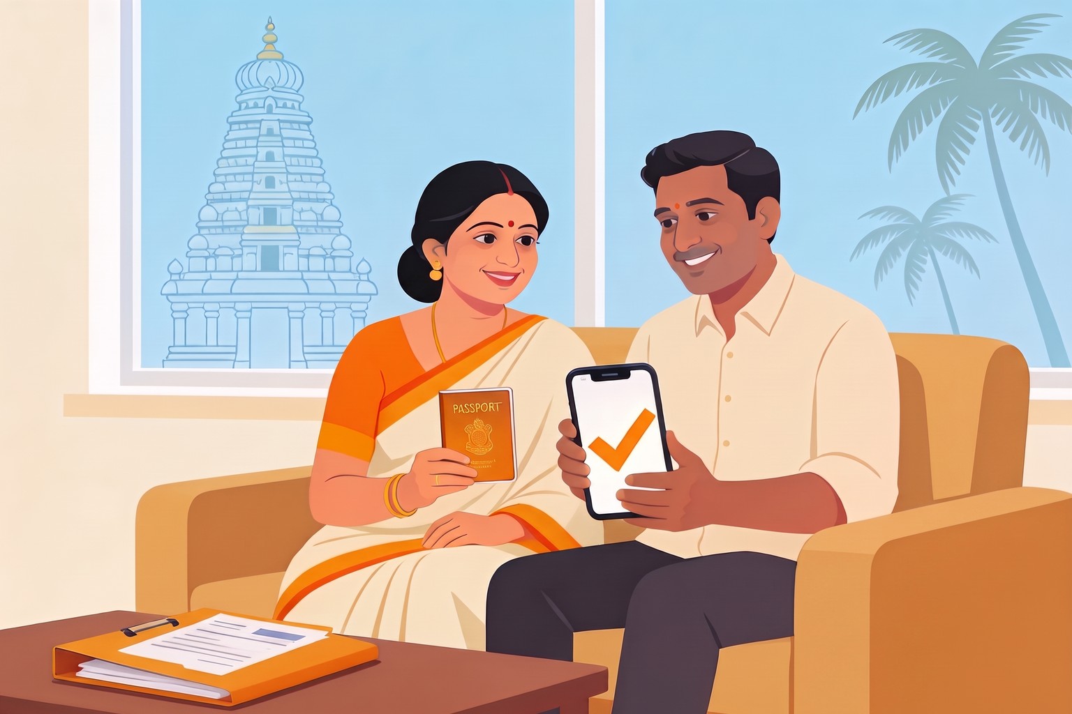 Illustration of a Chennai couple holding a passport and a phone with a check mark, Jaagruk Bharat online passport form and slot help