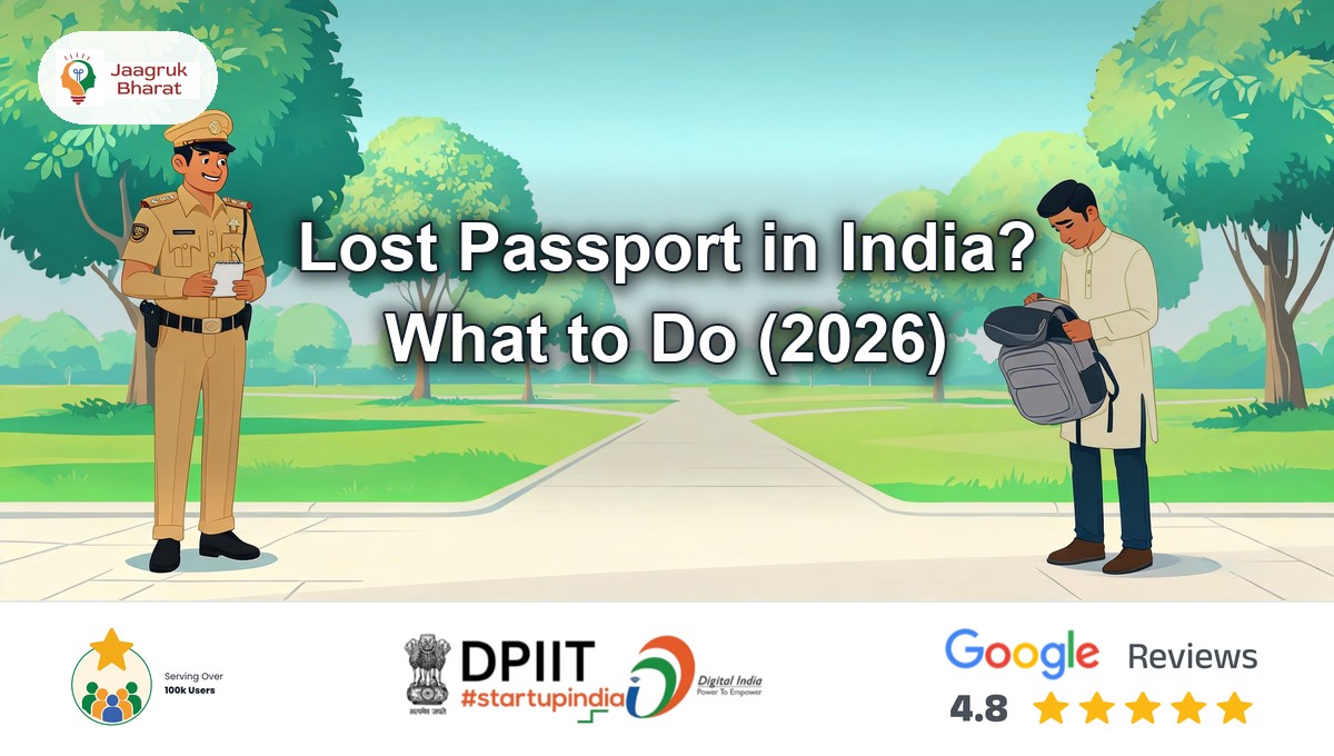 Smiling Indian man on grass holding a new passport beside a travel bag, magnifier and checked clipboard