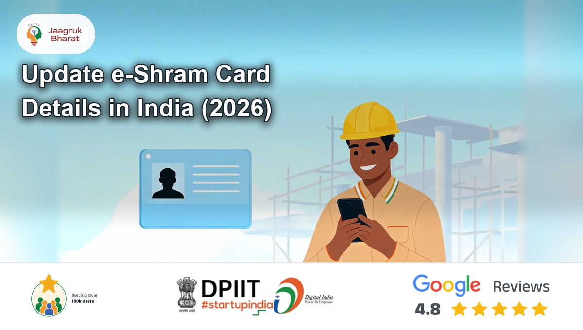 Construction worker updating e-Shram card details on a smartphone in India - Jaagruk Bharat guide