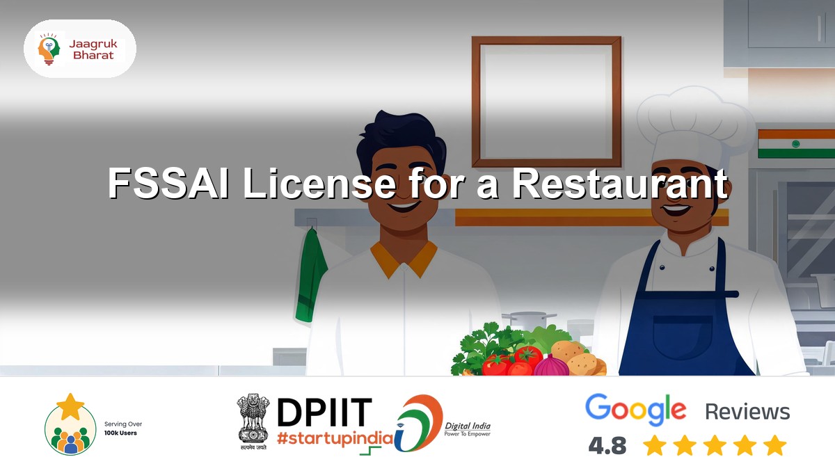 Restaurant owner and chef in a clean kitchen with an FSSAI licence certificate - Jaagruk Bharat guide
