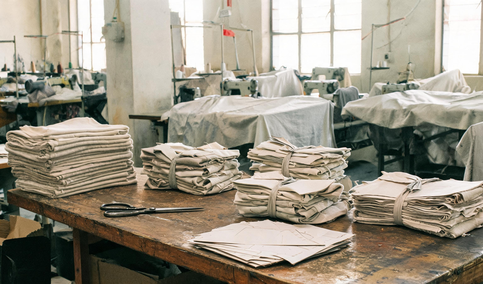 Cutting tables with bundled knit fabric panels in a Tirupur garment export unit