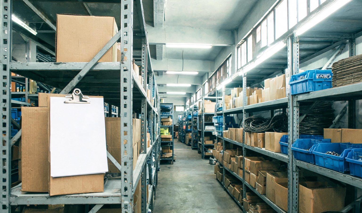 Factory stores room with steel racks of cartons and parts bins and a clipboard, ready for a physical stock verification in Tamil Nadu
