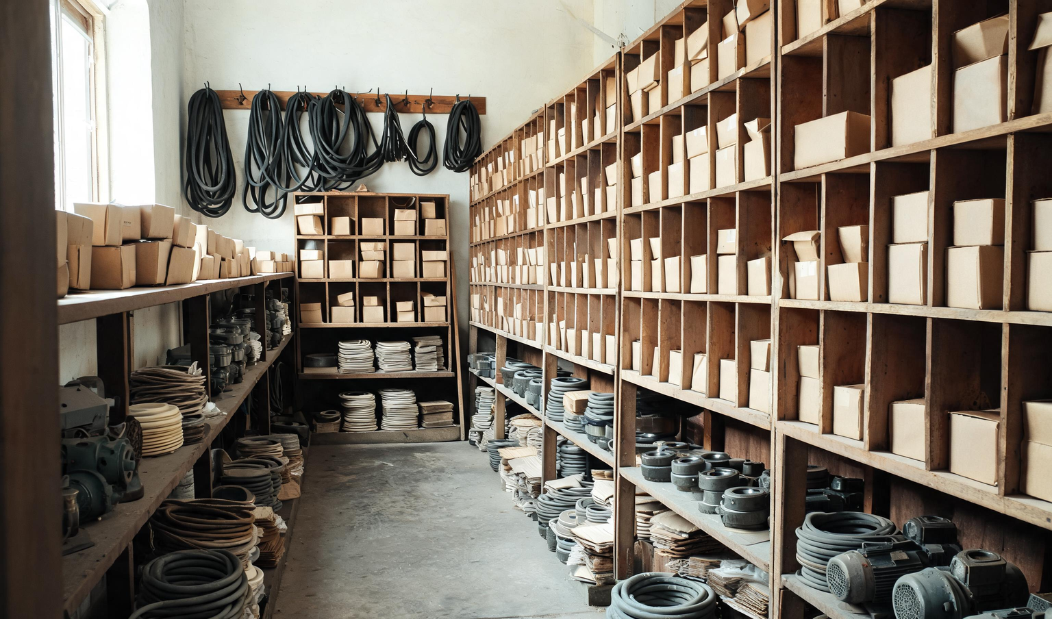 Maintenance spares store with pigeon-hole racks of bearings, V-belts and motors in a Tamil Nadu engineering plant