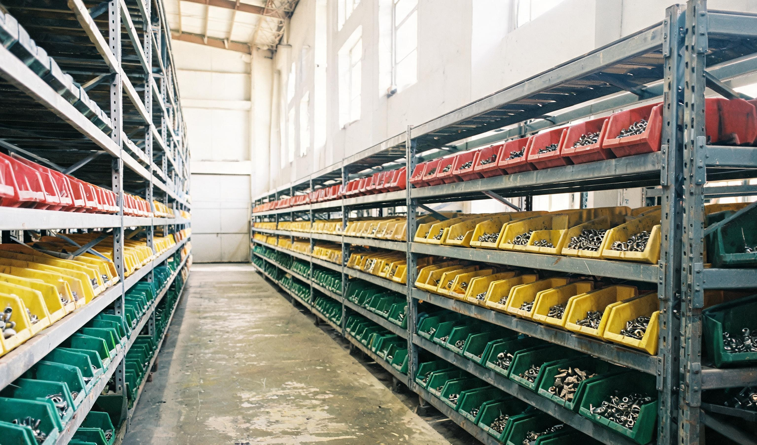 Raw-material bin store in a Tamil Nadu engineering plant with colour-coded min-max bins