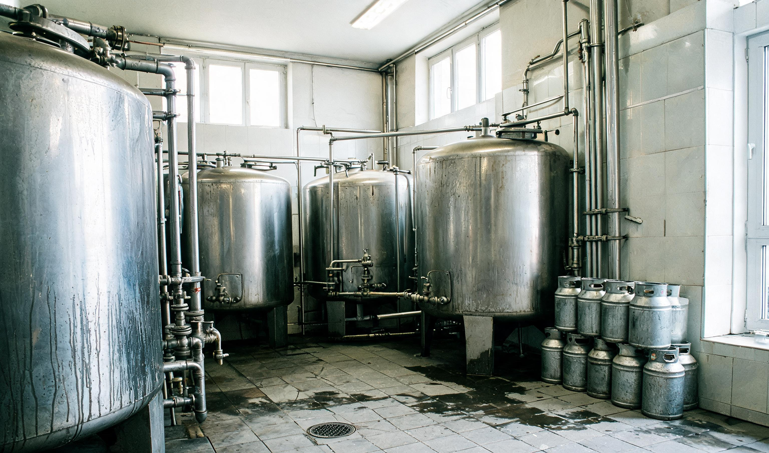 Stainless steel milk chilling tanks and cans in a dairy plant processing hall, the kind of site a monthly concurrent audit can cover
