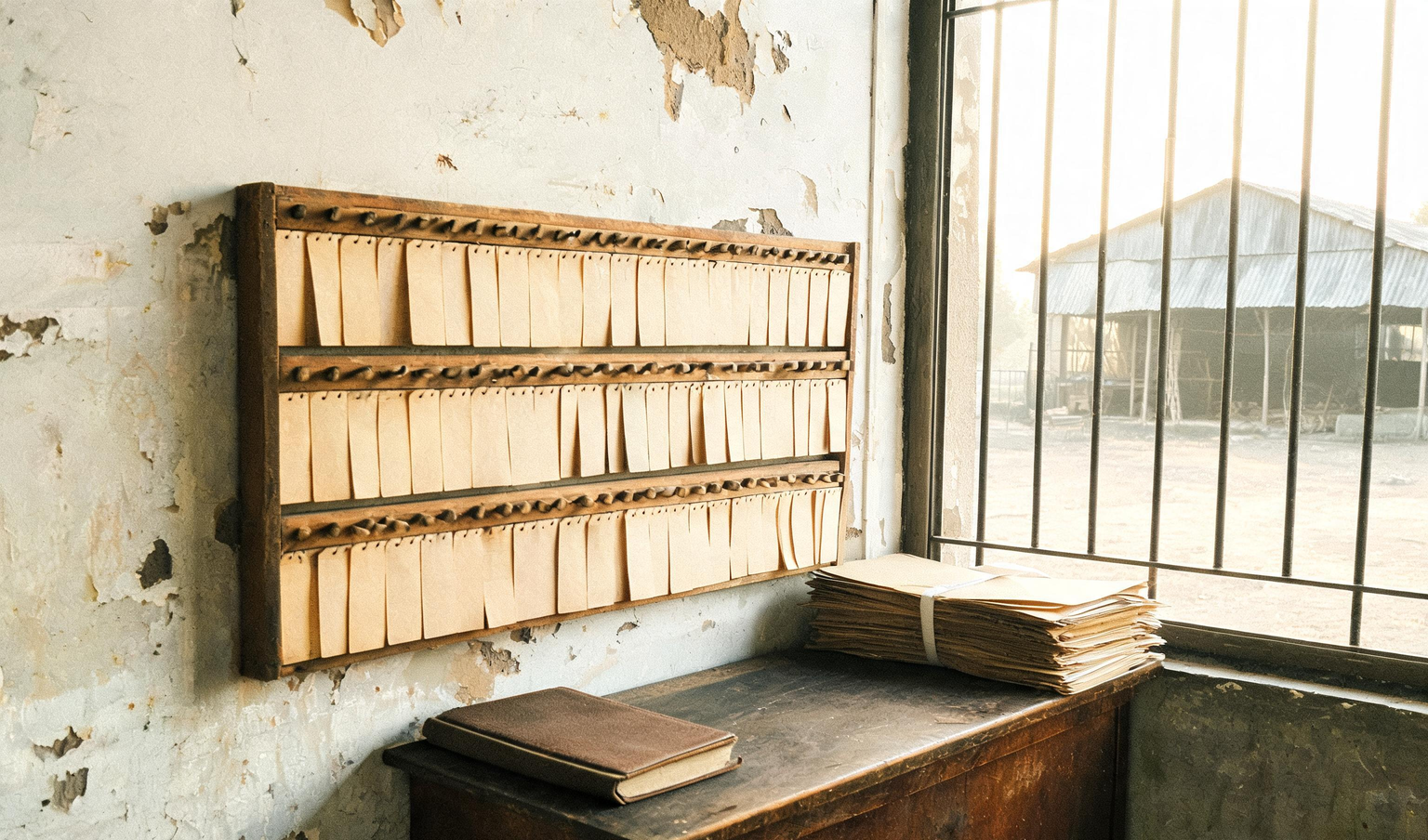 Time office at a Tamil Nadu factory gate with a rack of attendance cards and tied payroll files, the records a PF and ESI compliance audit traces