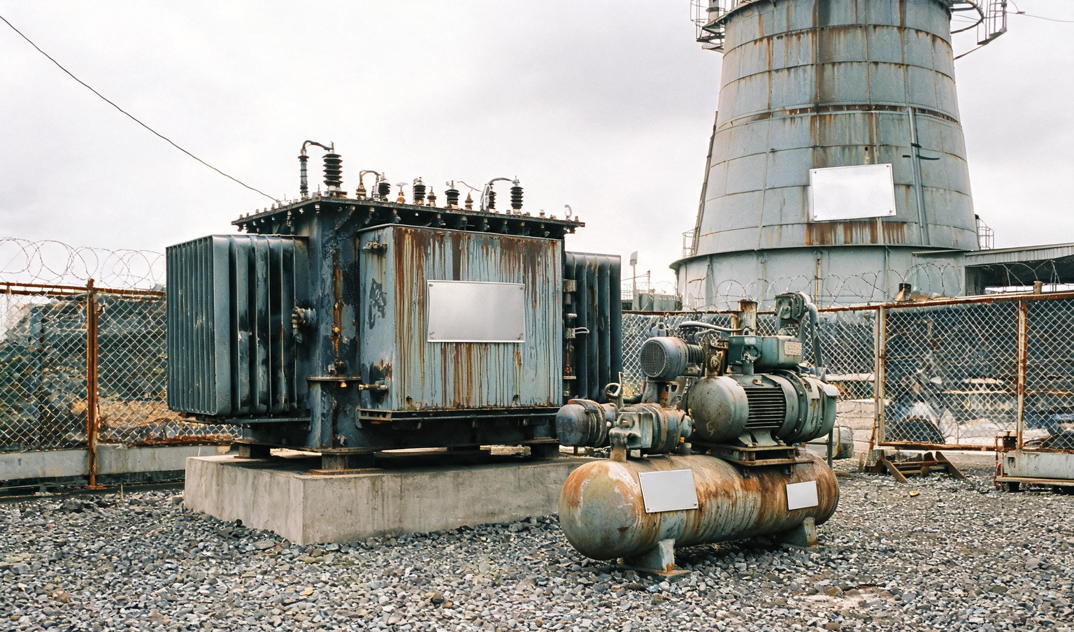 Transformer, air compressor and cooling tower in a factory utility yard in Tamil Nadu, each fitted with a metal asset tag