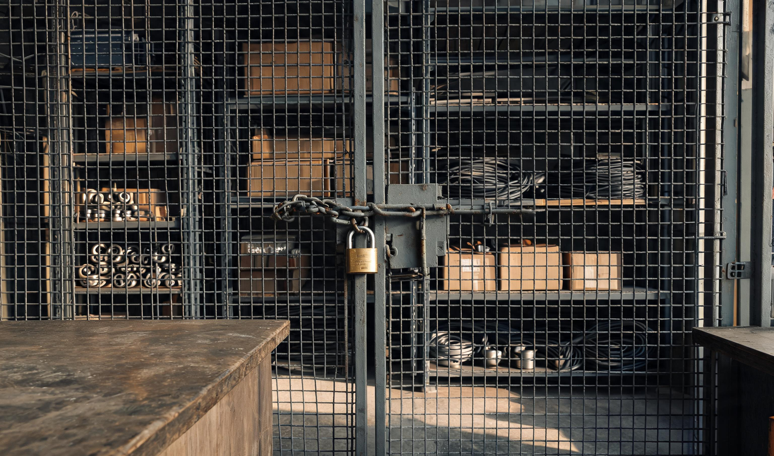 Padlocked steel mesh stores cage with spare parts and cables in an engineering factory