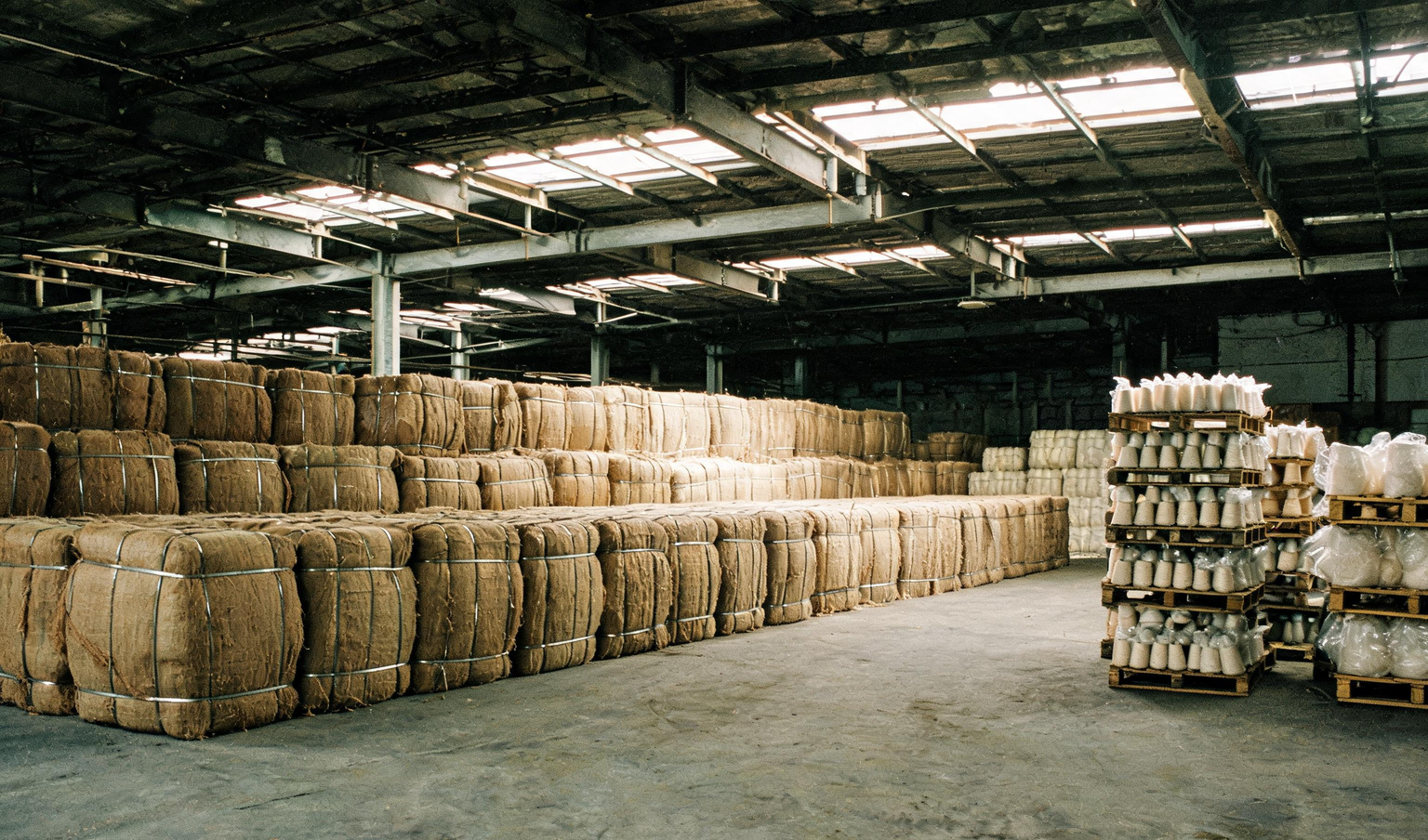 Cotton bales and yarn cones in a Tamil Nadu spinning mill godown awaiting physical verification of stock