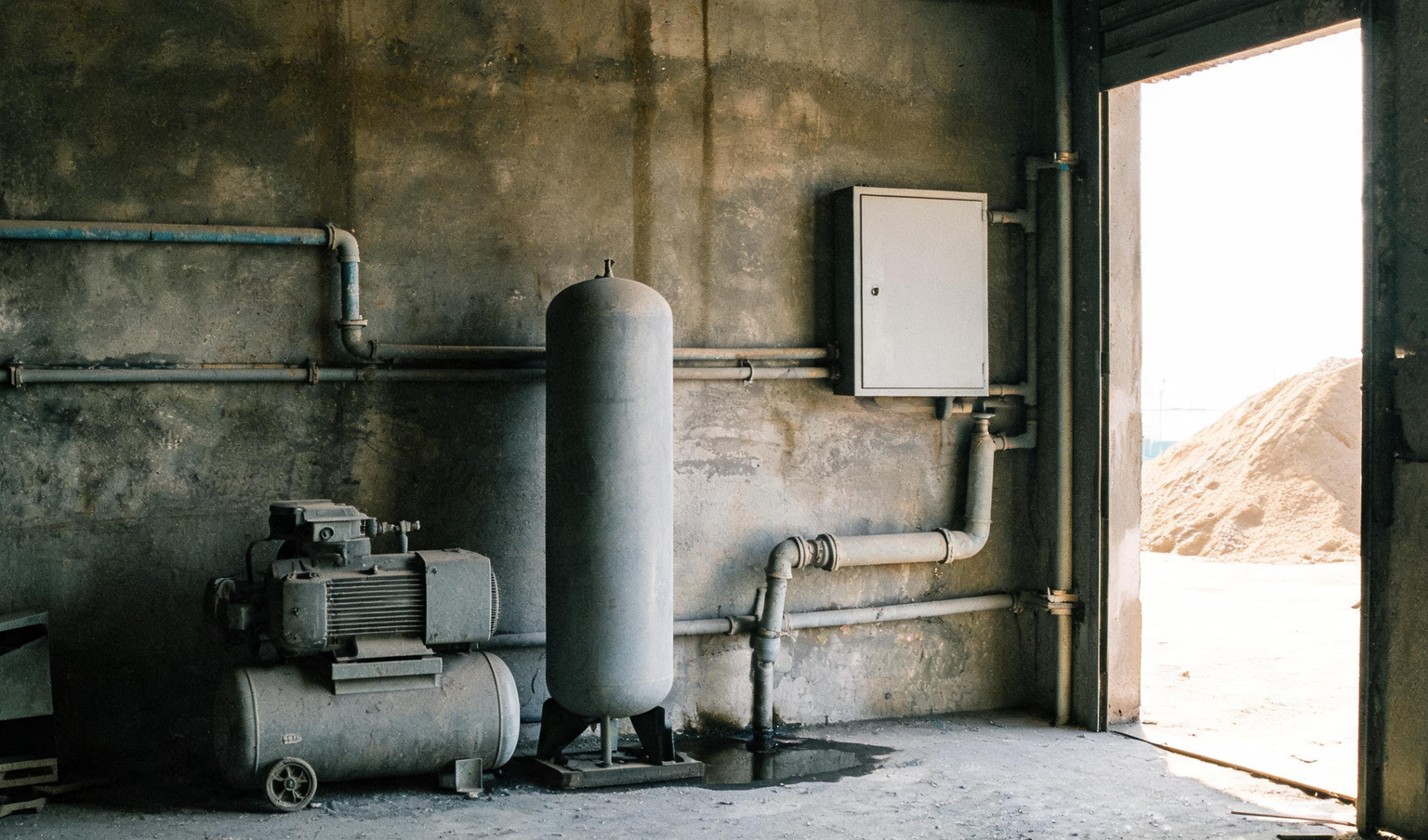 Compressor room in a Tamil Nadu factory with an air receiver tank, a compressor and pipelines