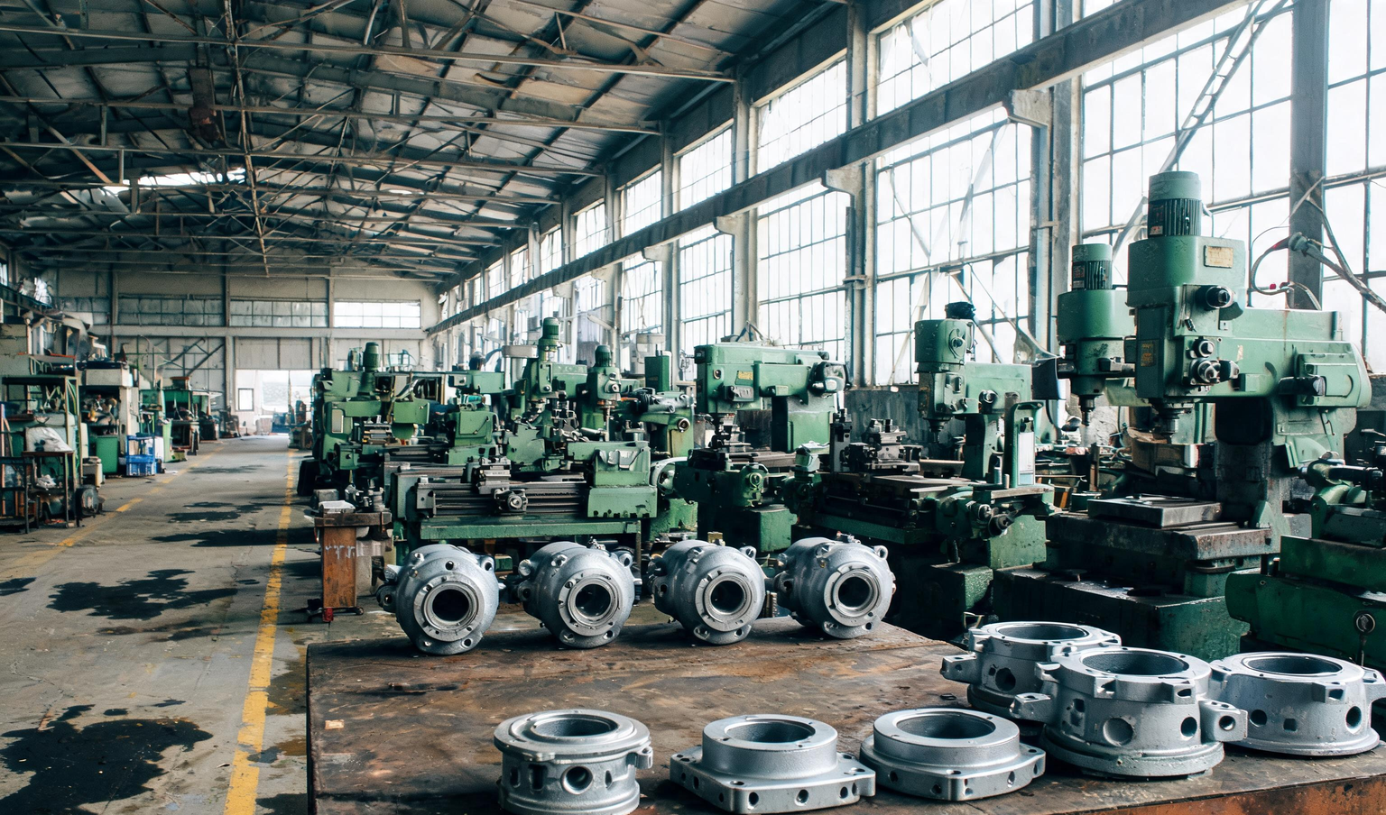 Machine shop floor with lathes and pump housings at an engineering plant in Coimbatore, the kind of site an internal audit covers