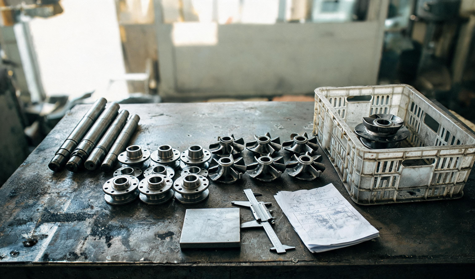 Inspection table with machined shafts, impellers and a rejected part set aside at a Coimbatore engineering unit