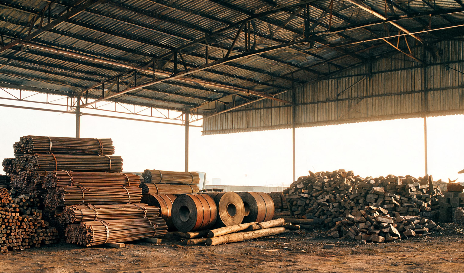 Open raw-material yard under a tin shed with stacked steel bars and coils at a Tamil Nadu factory